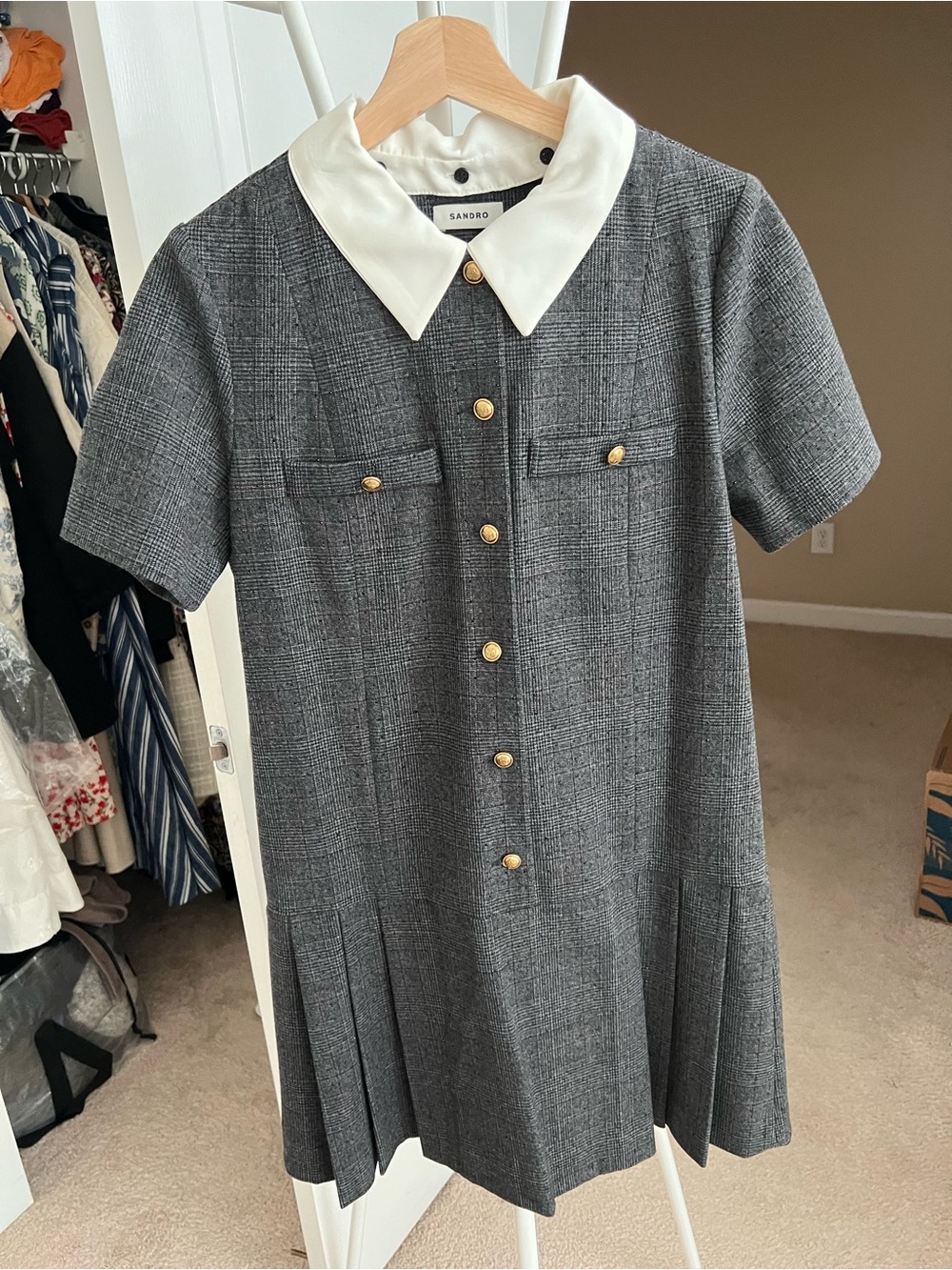 Sandro Grey Plaid Dress with White Removable Collar